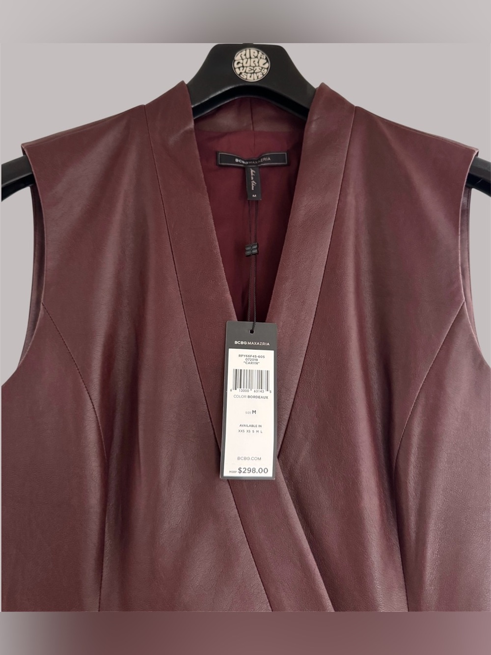 BCBGMAXAZRIA - Short Faux Leather Wrap Dress in BORDEAUX - Picture 3 of 11